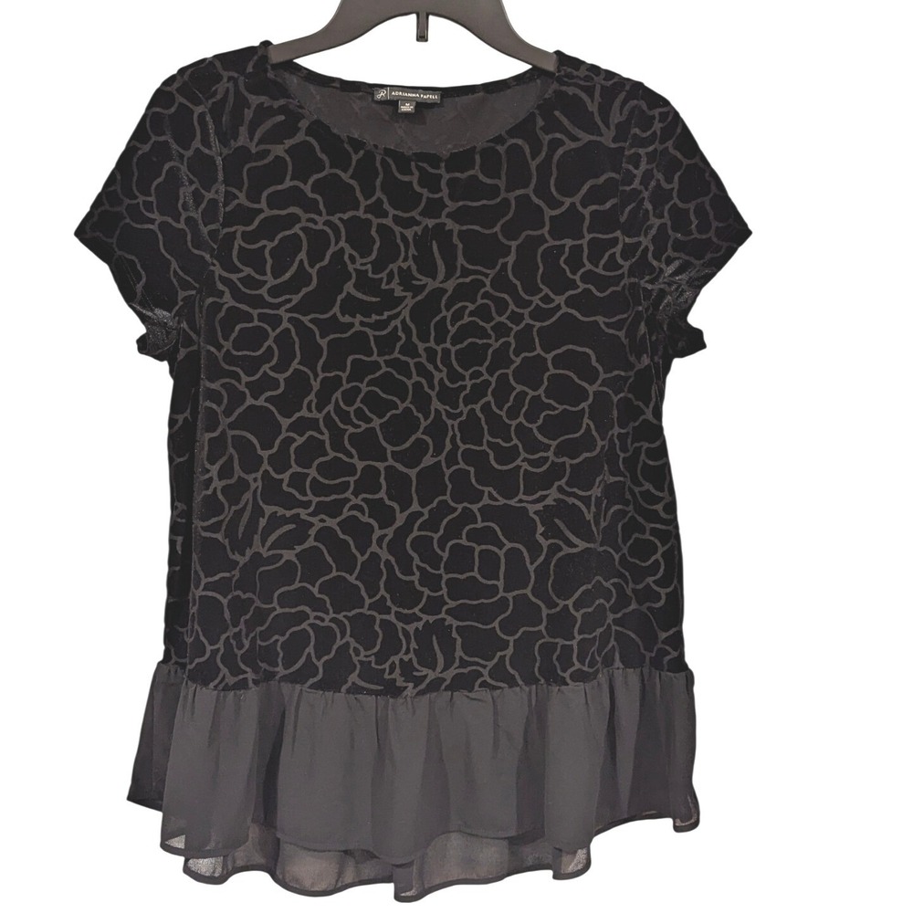 Adrianna Papell Velvet Burnout Floral‎ Top M Black Romantic Goth Witchy Ruffle